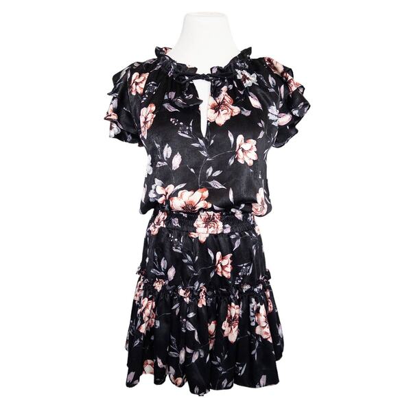 Misa Cecil Ruffle Flutter Sleeve Smocked Tiered Floral Dress Black Rose Small - Picture 2 of 15